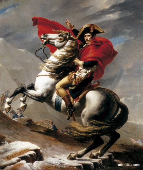 El cónsul Napoleón atraviesa el paso del Gran San Bernardo en su segunda campaña de Italia y se dirige hacia Marengo, según una obra de J. L. David.